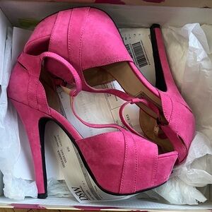 Pink suede platform heels